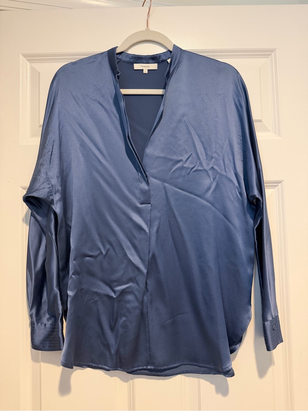 Vince Slate Blue Satin V-Neck Blouse